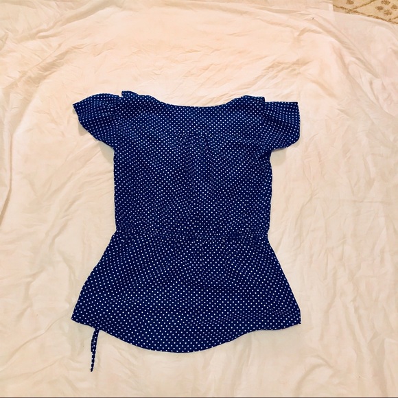 Como Vintage Blue Polka Dot Ruffle Wrap Top PS - Picture 5 of 7